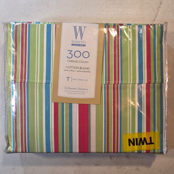 3 Piece 300 Count Twin Wamsutta Sheet Set 60/40 Striped Flat Fitted & Pillowcase - Picture 1 of 12